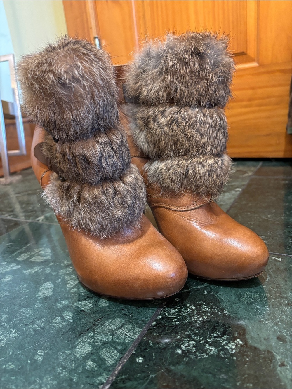 Dolce Vita Brown heeled real rabbit fur platform toe Boots